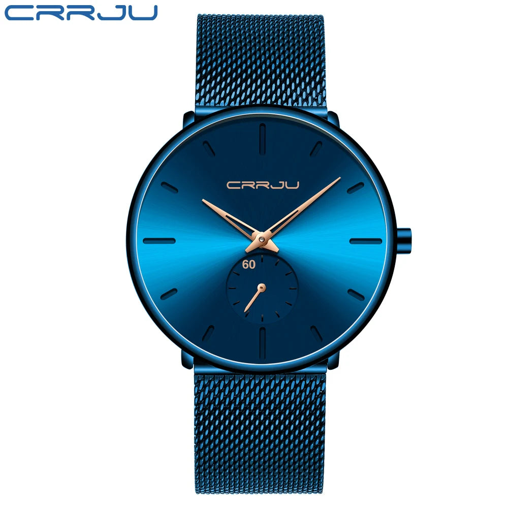 CRRJU New Watches Mens 2019 Man Fashion Simple Stainless Steel Blue Thin Watch For Men Luxury Casual Waterproof Quartz Clock