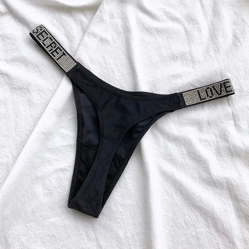 Low Waist Sexy Women Thongs Panties Rhinestones letter Diamonds G String Sports Thong Shorts Briefs T-back Fitness Size S-XL