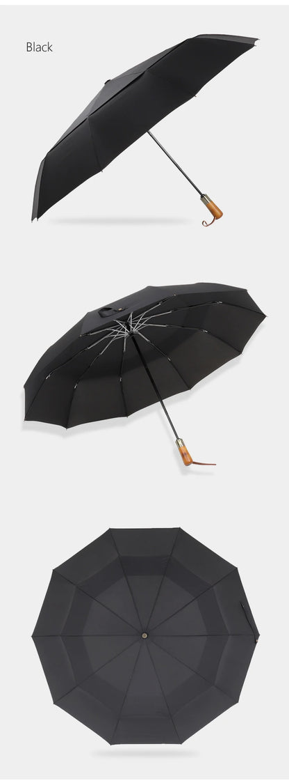 PARACHASE Big Umbrella Men Business Style 115cm Automatic Umbrella Rain Double Layer 10K Windproof Large Golf Umbrellas Wooden