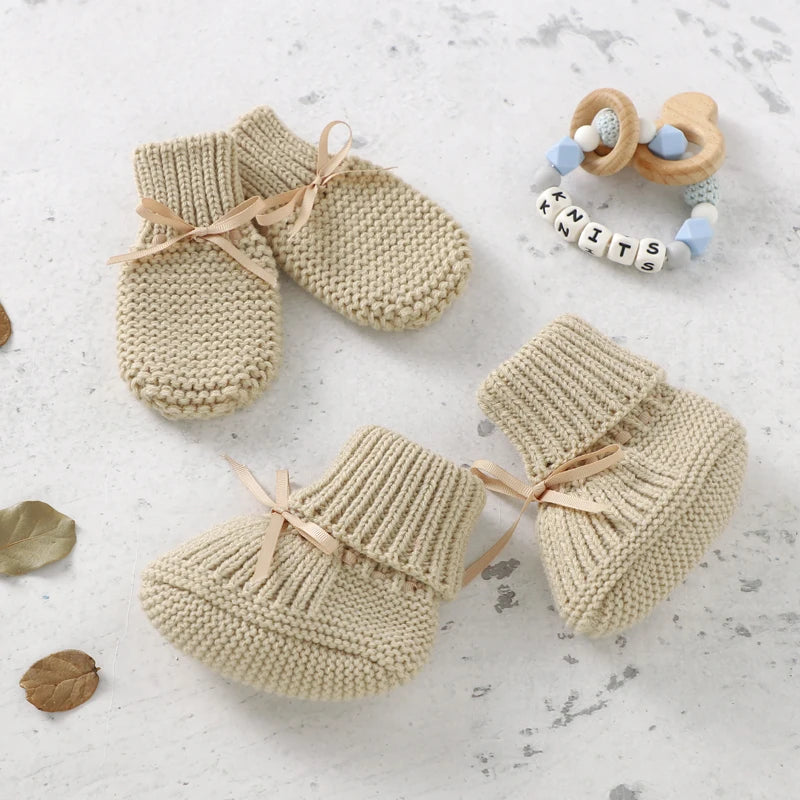 Baby Shoes + Gloves Set Knit Newborn Girls Boys Boots Mitten Fashion Butterfly-knot Toddler Infant Slip-On Bed Shoes Hand Made