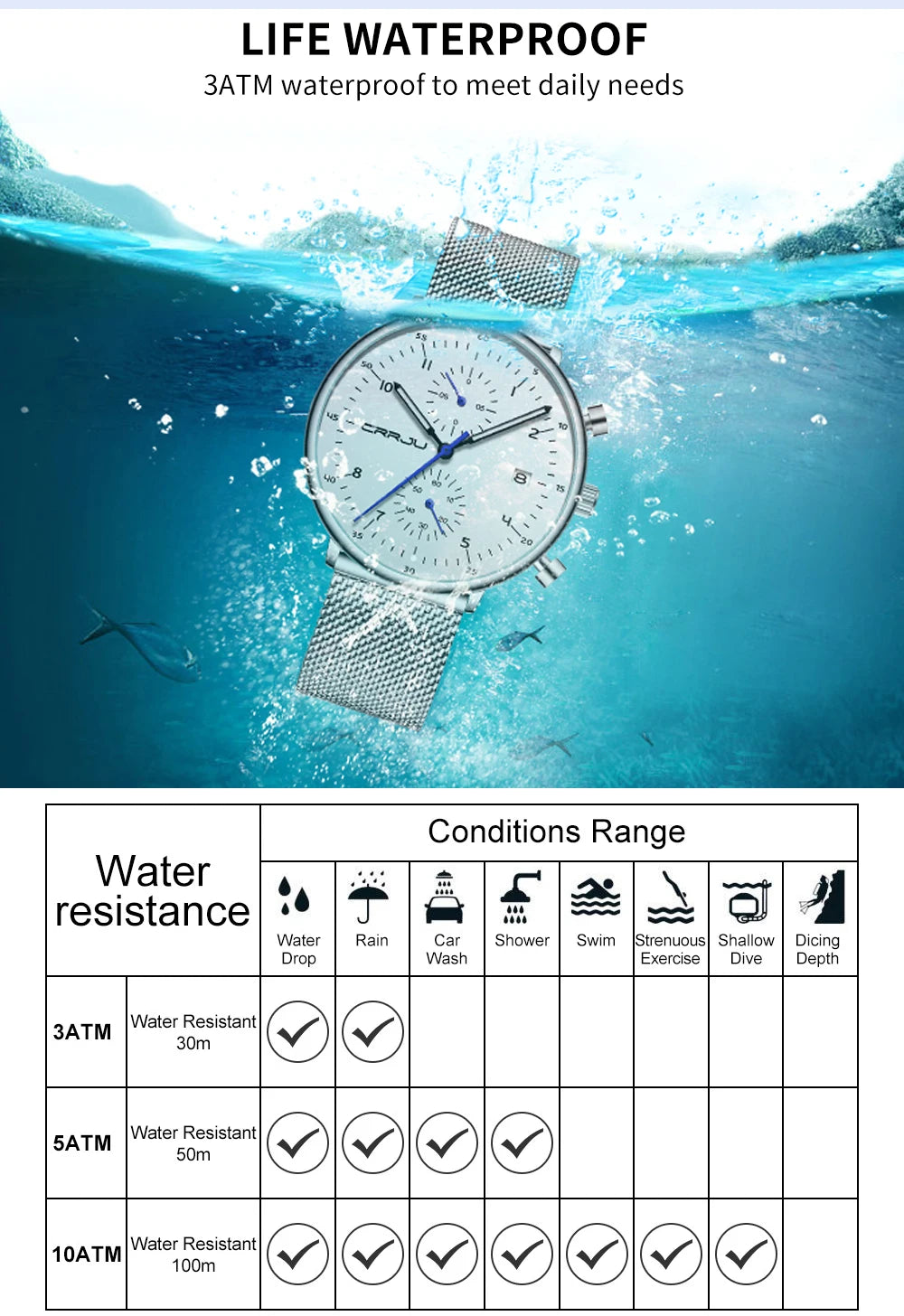 CRRJU Mens Watch Top Luxury Brand Men Stainless Steel WristWatch Men's Military waterproof Date Quartz watches relogio masculino