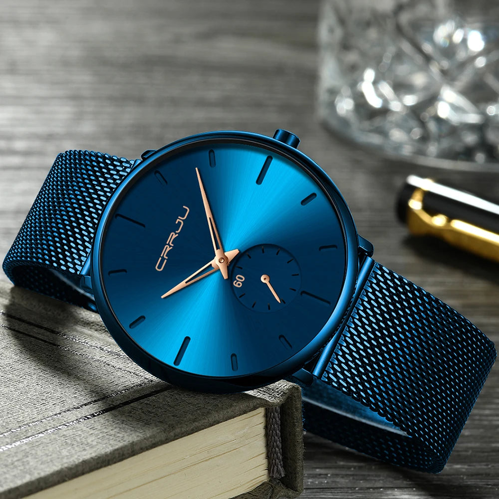 CRRJU New Watches Mens 2019 Man Fashion Simple Stainless Steel Blue Thin Watch For Men Luxury Casual Waterproof Quartz Clock