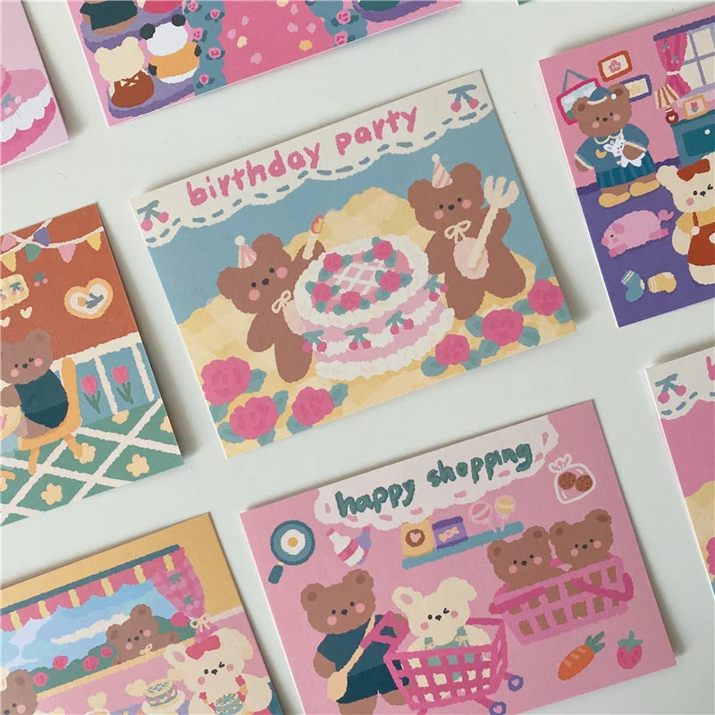 9pcs Cute Bear Birthday Double Sided Decorative Card Pink Background Journal Album Wall Sticker Photo Props Stationery Gift
