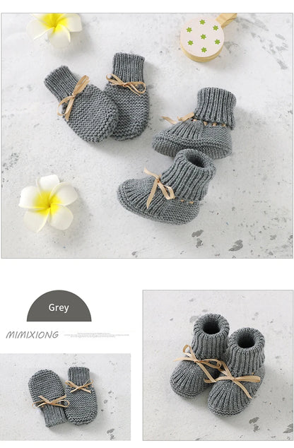 Baby Shoes + Gloves Set Knit Newborn Girls Boys Boots Mitten Fashion Butterfly-knot Toddler Infant Slip-On Bed Shoes Hand Made