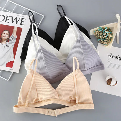 Women Cotton Push-Up Bra Ribbed Triangle Cup Bralette Wire-Free Bras Ladies Sexy Lingerie Simple Low Back Single Hook Underwear