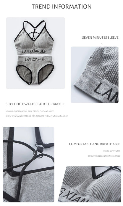 New Women's Cotton For Underwear Set Letter Sports Bra  Seamless Female Underwear Comfort No Steel Ring Suit Solid Color Chest