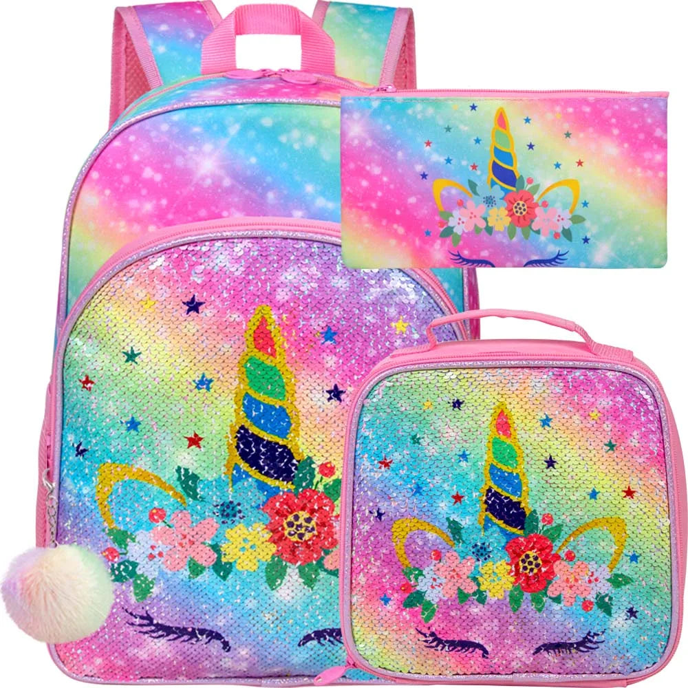3PCS Unicorn Backpack for Girls, 16”Kids Sequin Bookbag with Lunch Box, School Bag for Elementary Toddler