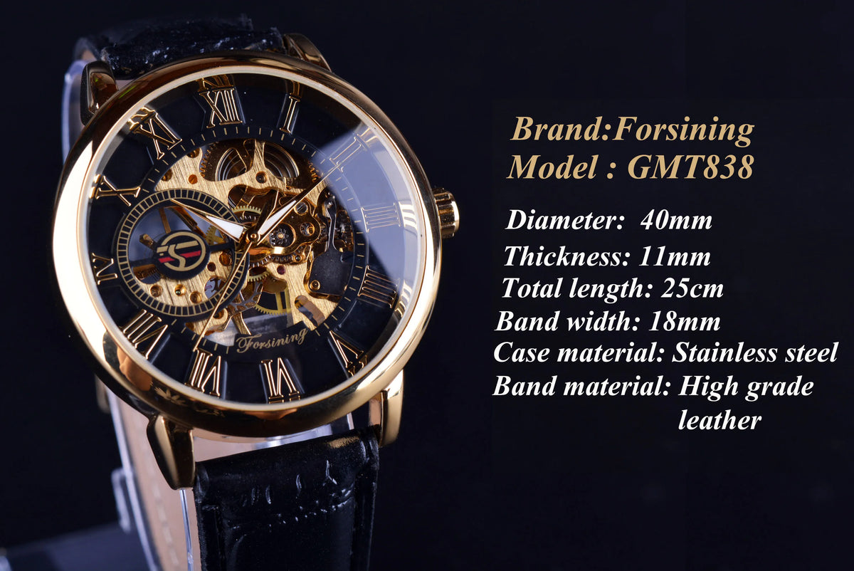 Forsining 3d Logo Design Hollow Engraving Black Golden Case Leather Skeleton Mechanical Watches Men Luxury Brand Heren Horloge