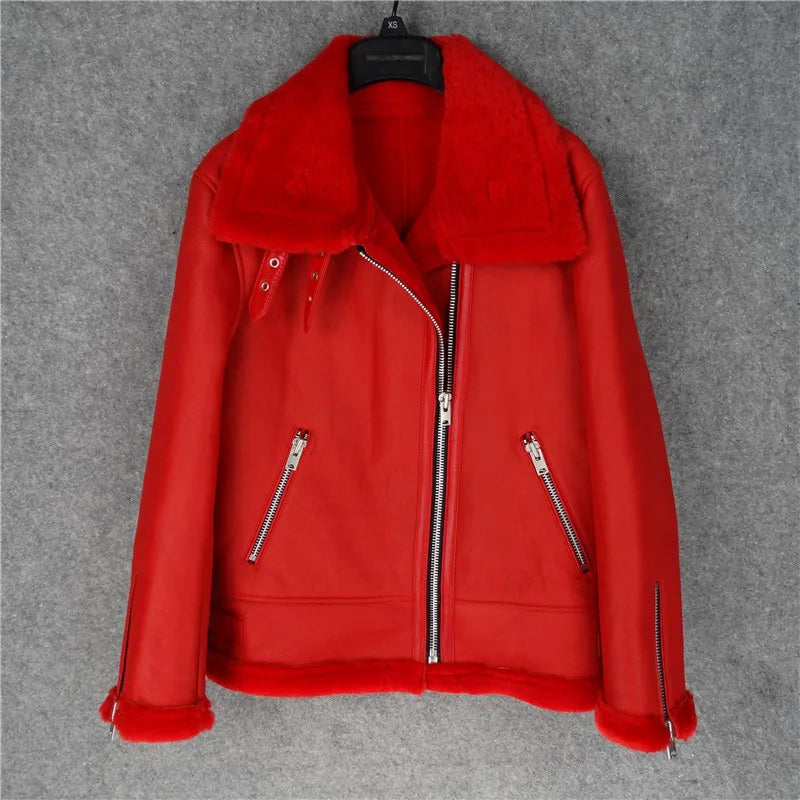 CC SHop Best.Guarantee Genuine leather jacket with fur.Winter warm women 100% shearling coat.Street sheepskin with wool jackets