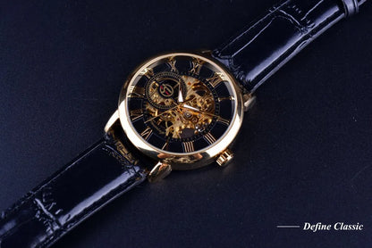 Forsining 3d Logo Design Hollow Engraving Black Golden Case Leather Skeleton Mechanical Watches Men Luxury Brand Heren Horloge