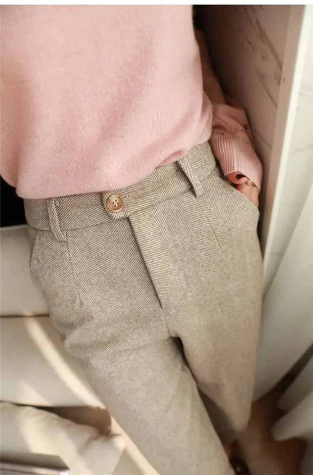 Woolen Pants Women's Harem Pencil Pants 2023 Autumn Winter High Waisted Casual Suit Pants Office Lady Women Trousers