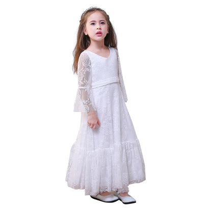 Kids Clothes White Lace Girls Full Sleeve Princess Dress Wedding Fancy Girl Long Dresses Elegant Evening Party Ball Gown 2 to 14