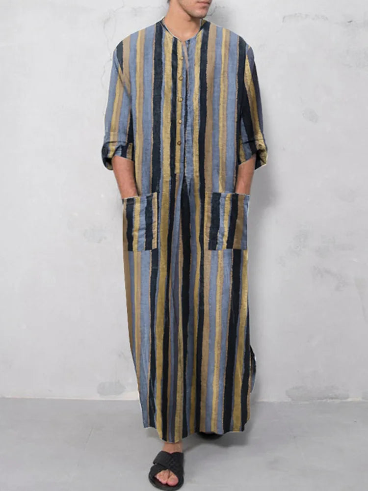 New Men Islam Qamis Muslim Striped Robes Long Sleeve Button-down Arabian Kaftan Suit Middle East Dubai Abaya Summer Man Clothing