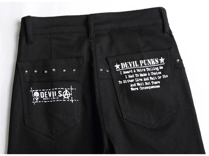 Men's Scotland Red Plaid Tartan Patchwork Jeans Punk Rivet Patch Black Denim Pants Skull Letters Printed Slim Straight Trousers