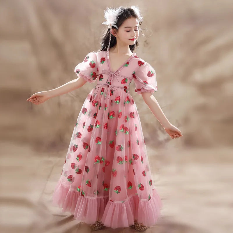 Girls Sequins Strawberry Pink Dresses Kids Dance Show Gowns Teen Girl Wedding Bridal Clothes Teenagers First Communion Dresses