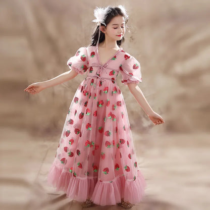 Girls Sequins Strawberry Pink Dresses Kids Dance Show Gowns Teen Girl Wedding Bridal Clothes Teenagers First Communion Dresses