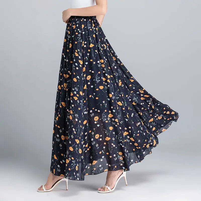 High Waist Skirts Womens Summer 2026 spring Elastic Waist Midi Full Long Skirt Print Mother Dance Skirts Swing Chiffon Skirt
