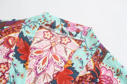 Boho Queens Vintage Peacock Floral Print Sashes Beach Kimono Women Bohemian Wrap Batwing Sleeves Holiday Bikini Cover-ups