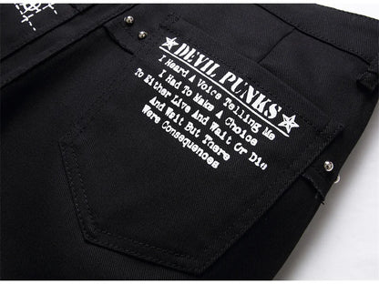 Men's Scotland Red Plaid Tartan Patchwork Jeans Punk Rivet Patch Black Denim Pants Skull Letters Printed Slim Straight Trousers