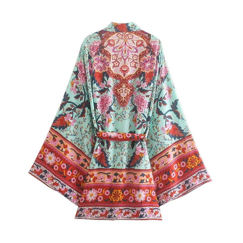 Boho Queens Vintage Peacock Floral Print Sashes Beach Kimono Women Bohemian Wrap Batwing Sleeves Holiday Bikini Cover-ups