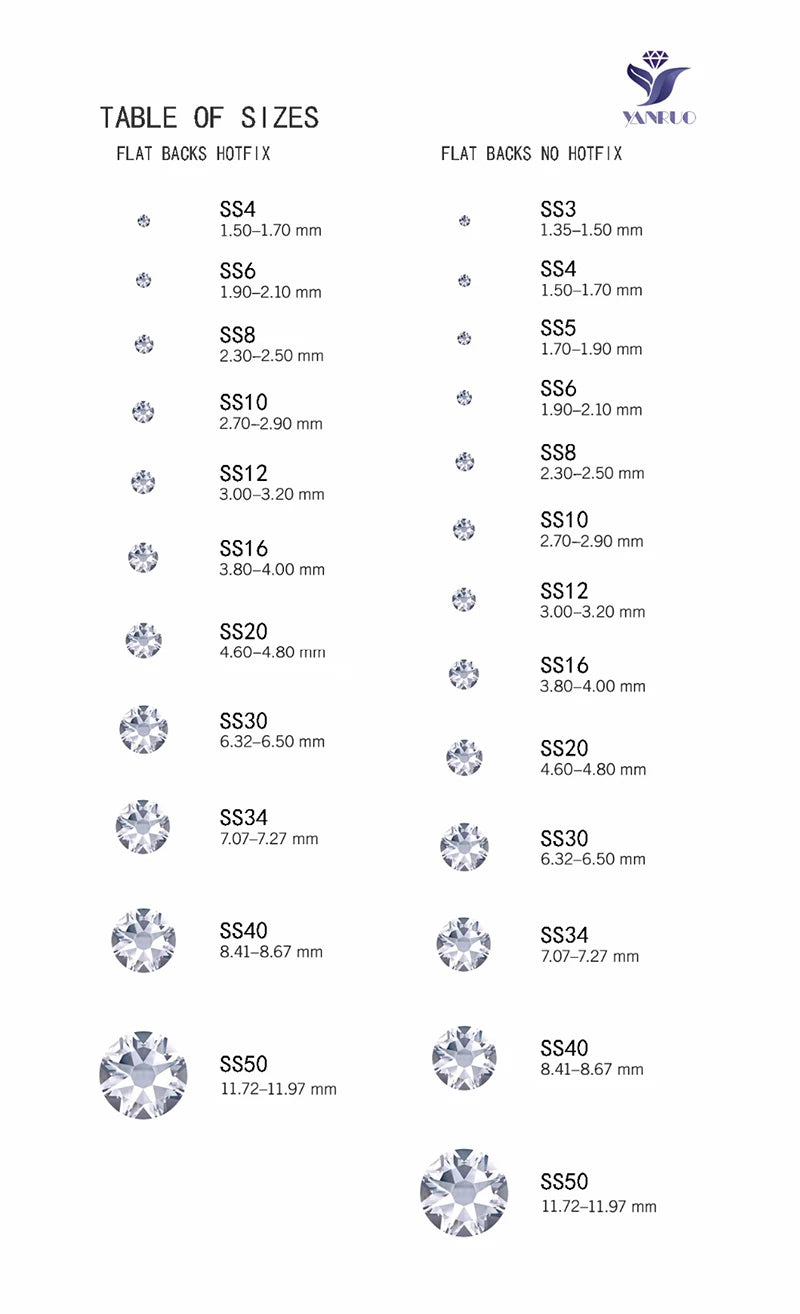 YANRUO 2058NoHF All Color SS16-SS30 Non Hot Fix Sewing Rhinestones Glass Crystal 3D Nail Art Rhinestones For Dress Clothes