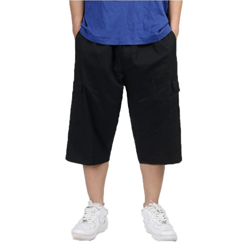 2025 Men Summer Multi-Pocket Baggy Cargo Cotton Calf Length Pants Casual Trouser Male Large Solid Color Shorts Plus Size Xl-6Xl