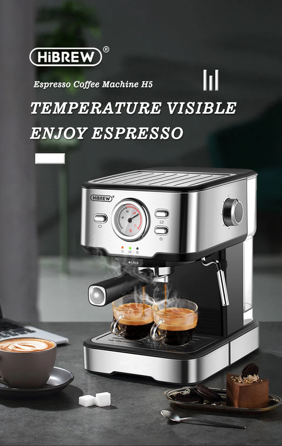 HiBREW Coffee Machine Cafetera 20 Bar Espresso Inox Semi Automatic Expresso Cappuccino Hot Water Steam Temperature Display H5