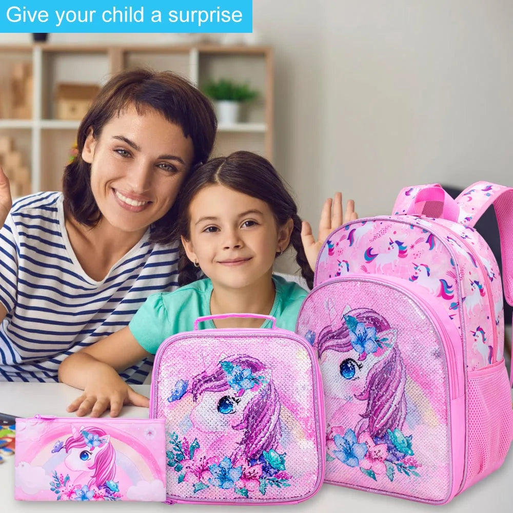 3PCS Unicorn Backpack for Girls, 16”Kids Sequin Bookbag with Lunch Box, School Bag for Elementary Toddler