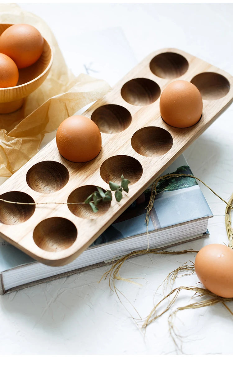 Japanese Style Wooden Double Row Egg Storage Box Home Organizer Rack Eggs Refrigerator Holder Kitchen Fresh Keeping Accessories