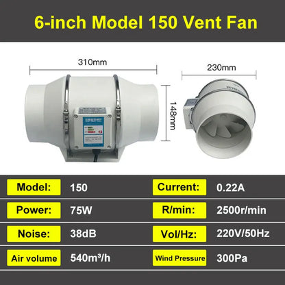 6 inch 220V Exhaust Fans Home Inline Pipe Duct Fan Extractor Ventilation Kitchen Toilet  Air Clean Ventilator Diagonal Flow Fan