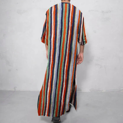 New Men Islam Qamis Muslim Striped Robes Long Sleeve Button-down Arabian Kaftan Suit Middle East Dubai Abaya Summer Man Clothing