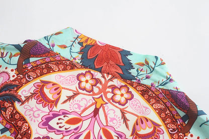 Boho Queens Vintage Peacock Floral Print Sashes Beach Kimono Women Bohemian Wrap Batwing Sleeves Holiday Bikini Cover-ups