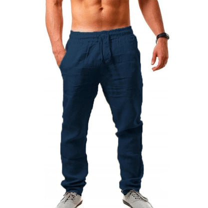 Men's Cotton Linen Pants Summer Solid Color Breathable Linen Trousers Male Casual Elastic Waist Fitness Pants Hip-Hop Streetwear