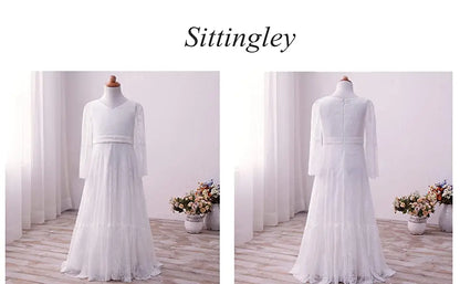 Kids Clothes White Lace Girls Full Sleeve Princess Dress Wedding Fancy Girl Long Dresses Elegant Evening Party Ball Gown 2 to 14