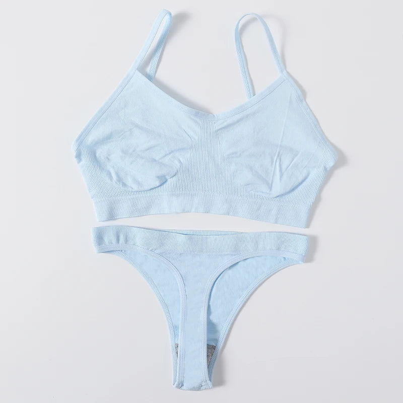 Women Seamless Bra And Panties Set Wire Free Bralette High Leg Cut Thongs Comfort Ribbed Unlined Underwear Sexy Lingerie Set
