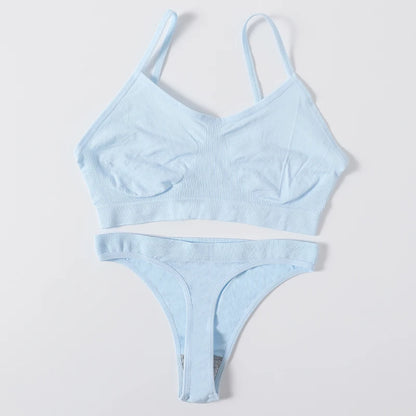 Women Seamless Bra And Panties Set Wire Free Bralette High Leg Cut Thongs Comfort Ribbed Unlined Underwear Sexy Lingerie Set