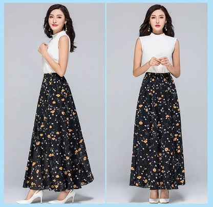 High Waist Skirts Womens Summer 2026 spring Elastic Waist Midi Full Long Skirt Print Mother Dance Skirts Swing Chiffon Skirt
