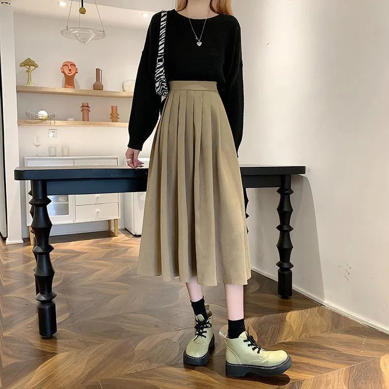 Lucyever Vintage Brown High Waist Pleated Skirt Women Korean Fashion College Style Long Skirt Ladies Autumn Casual A line Skirts