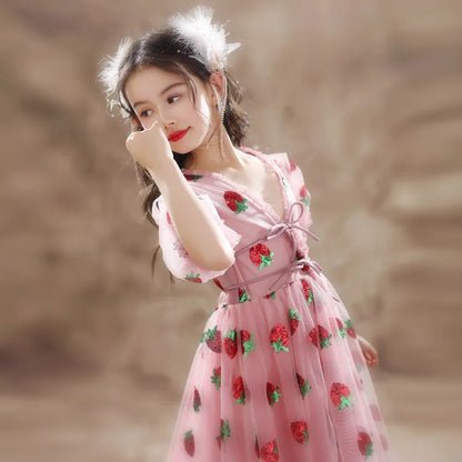 Girls Sequins Strawberry Pink Dresses Kids Dance Show Gowns Teen Girl Wedding Bridal Clothes Teenagers First Communion Dresses