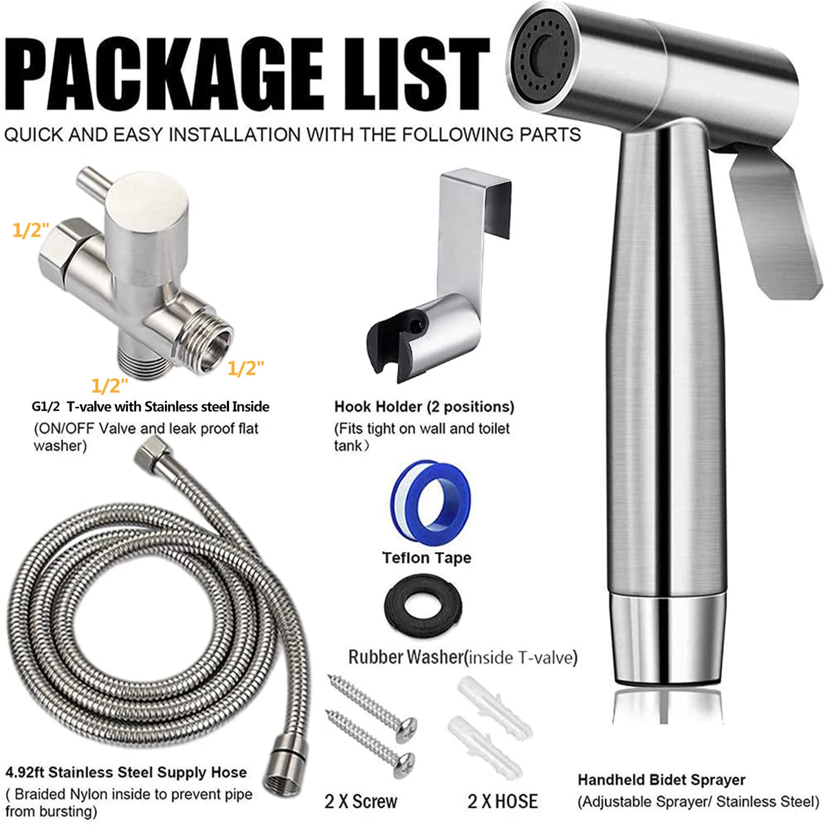 Handheld Toilet Bidet Sprayer Set Kit Stainless Steel Hand Bidet faucet for Bathroom Hand Sprayer Shower Head Self Cleaning