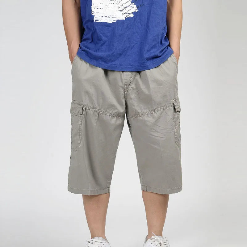 2025 Men Summer Multi-Pocket Baggy Cargo Cotton Calf Length Pants Casual Trouser Male Large Solid Color Shorts Plus Size Xl-6Xl