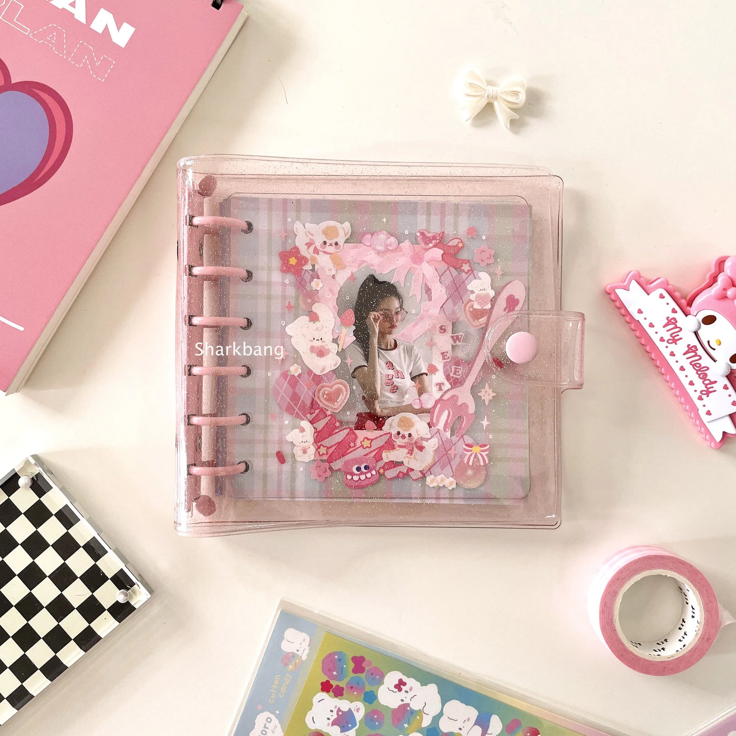 Sharkbang A7 Square Loose Leaf Diary Notebook Glitter Journals Agenda Planner PVC Binder Goo Card Book Gift Set Stationery