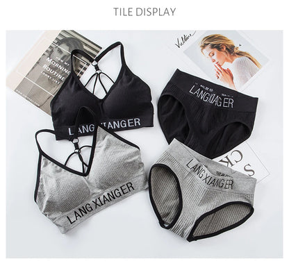 New Women's Cotton For Underwear Set Letter Sports Bra  Seamless Female Underwear Comfort No Steel Ring Suit Solid Color Chest