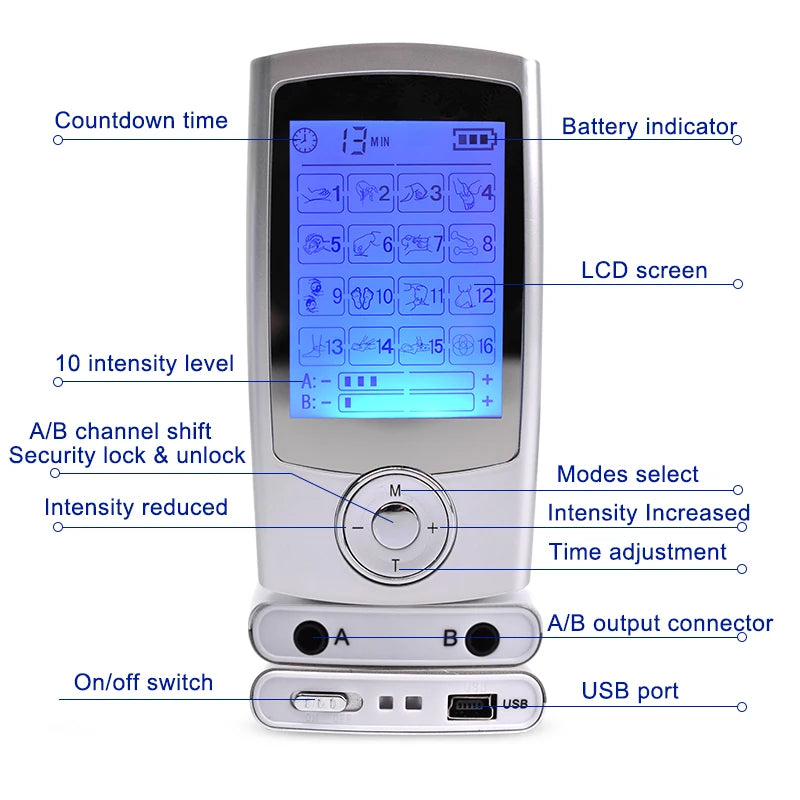 16 Mode Tens Machine Ems Electric Muscle Massage Stimulator Digital Electrostimulator Relaxation Body Pain Relief Electrodes Pad
