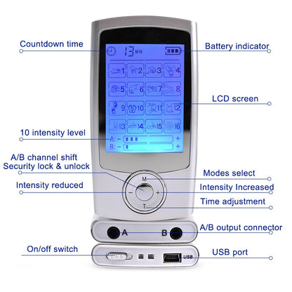 16 Mode Tens Machine Ems Electric Muscle Massage Stimulator Digital Electrostimulator Relaxation Body Pain Relief Electrodes Pad