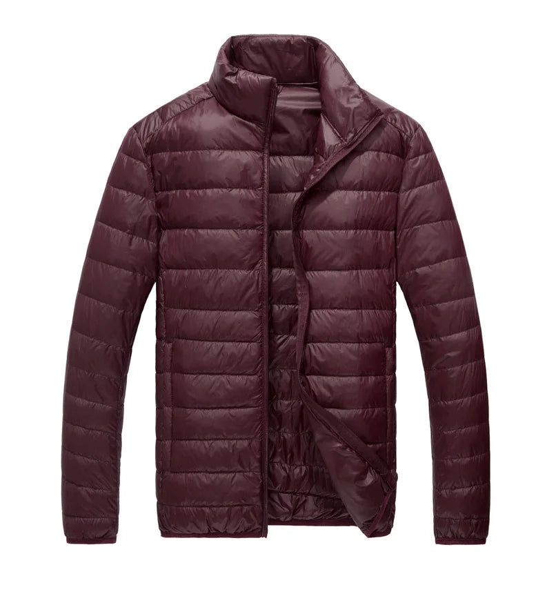 Schinteon Men Ultralight White Duck Down Jacket Thin Stand Collar Solid Color Simple Autumn Outwear