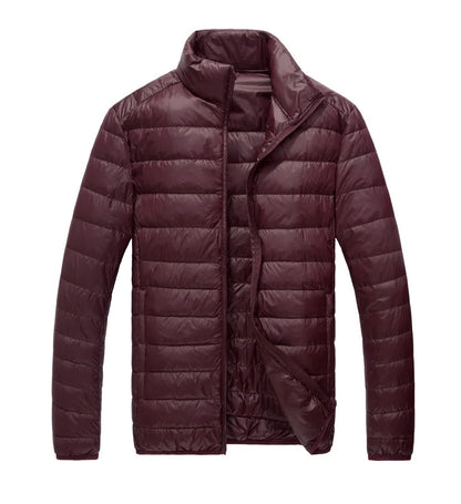 Schinteon Men Ultralight White Duck Down Jacket Thin Stand Collar Solid Color Simple Autumn Outwear