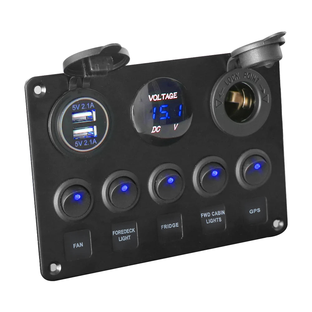 LEEPEE 5 Gang 12V Waterproof Intergrated Switch Panel Digital Voltmeter Dual USB Port For Boat Car Marine LED Rocker Accessories