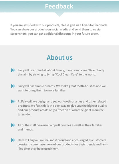 Fairywill Electric Sonic Toothbrush USB Charge FW-507 Rechargeable Waterproof Electronic Tooth Brushes Replacement Heads Adult