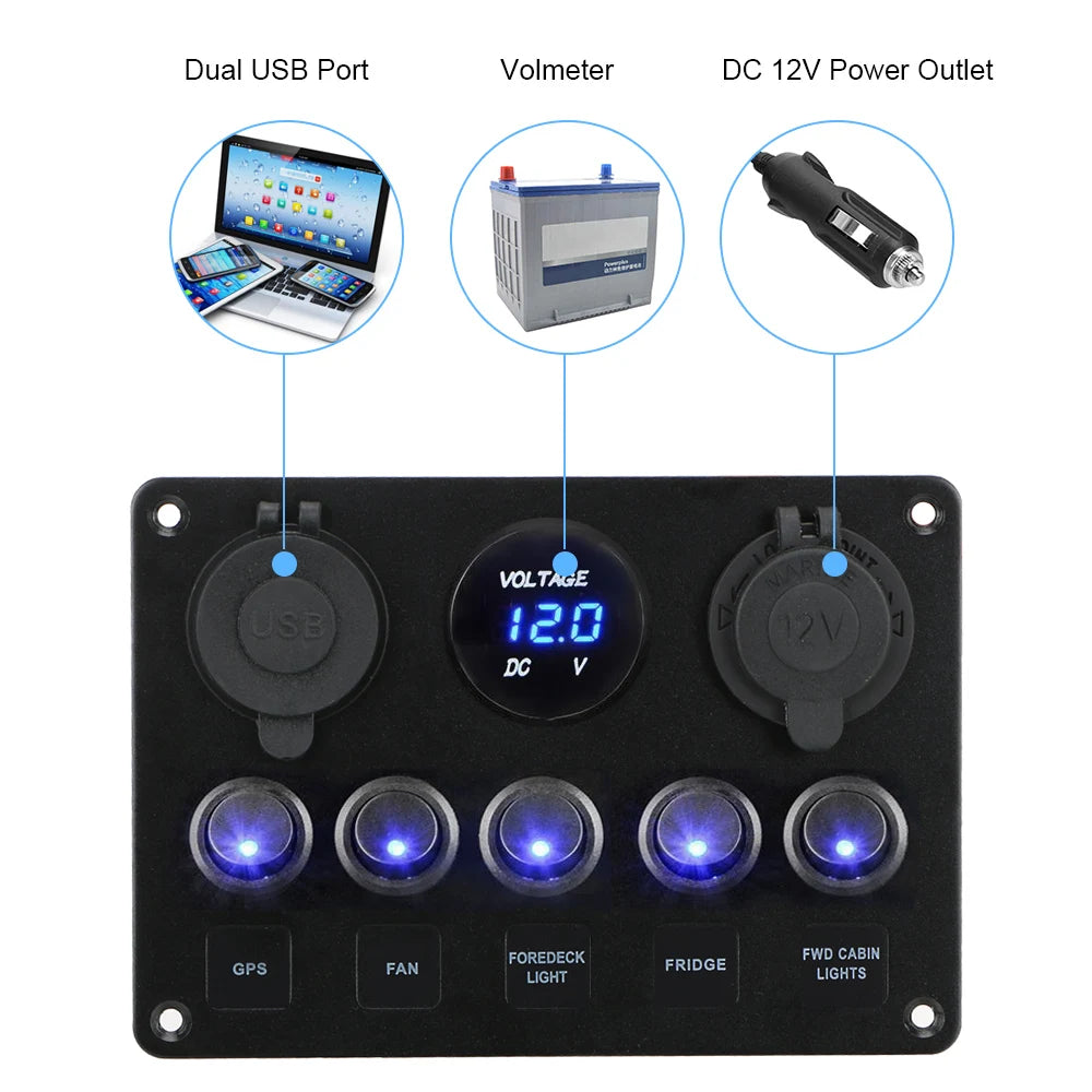 LEEPEE 5 Gang 12V Waterproof Intergrated Switch Panel Digital Voltmeter Dual USB Port For Boat Car Marine LED Rocker Accessories